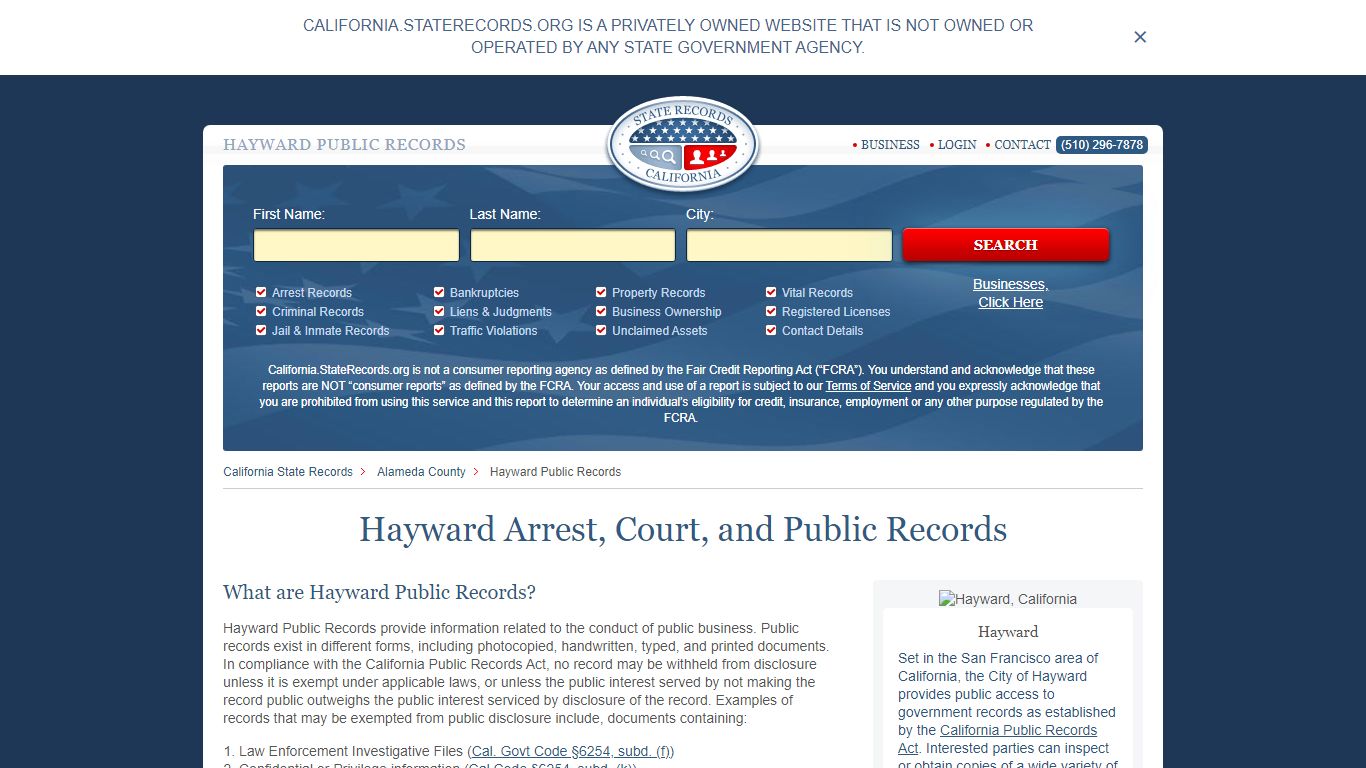 Hayward Arrest and Public Records | California.StateRecords.org