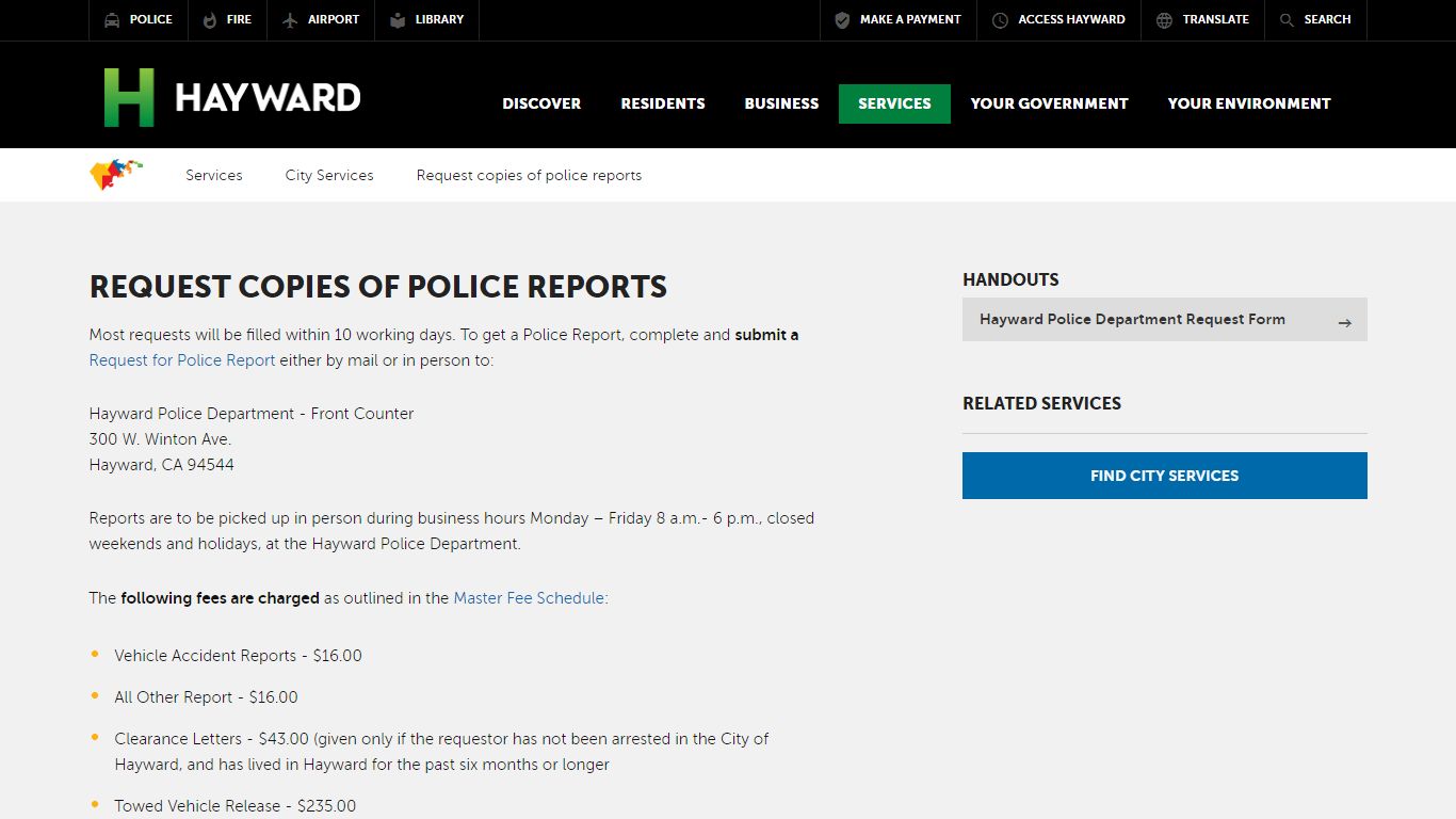 Request copies of police reports | City of Hayward - Official website